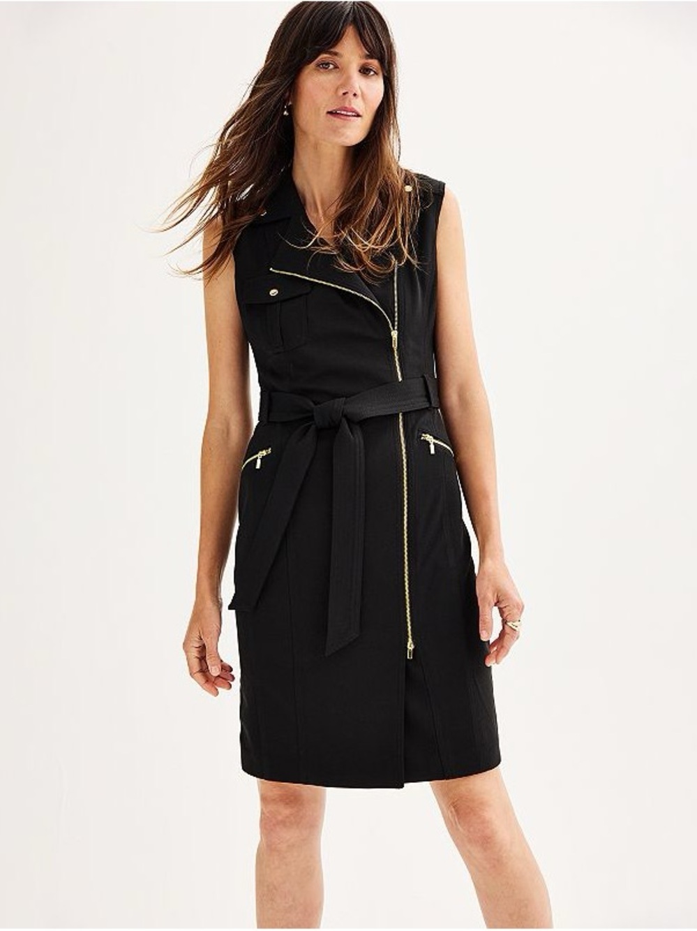 Andrew Marc Sleeveless Black Belted Moto Style Dress with Gold Zippers Sz 10 NWT